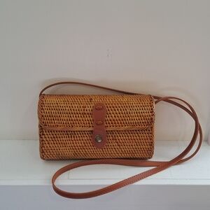 Handwoven Rattan Crossbody Bag With Leather Accents, Made In Bali, Bohemian.